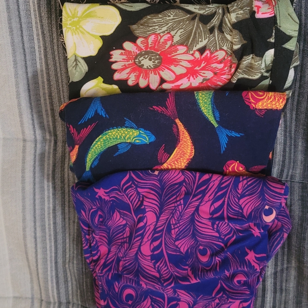 LuLaRoe Floral and Fish Patterned Leggings - Black, Pink, Blue